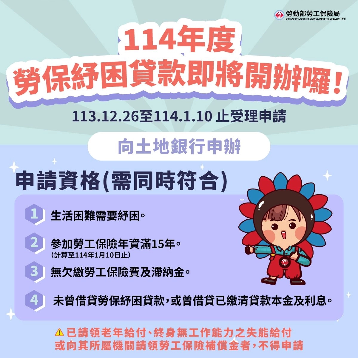 此圖片出自勞動部勞工保險局(Bureau of Labor Insurance, Ministry of Labor),這是 114 年度勞保紓困貸款的申辦資訊圖,清楚整理了【申請期間】、【受理銀行】與【四大申請資格】,讓符合條件的勞工能快速掌握【時程】與【辦理要點】。