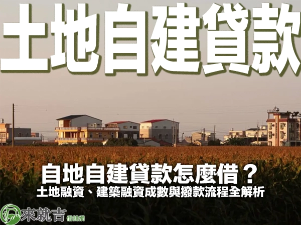 夕陽下的鄉間農田，田邊一排三四層樓的透天住宅，封面大字「土地自建貸款」