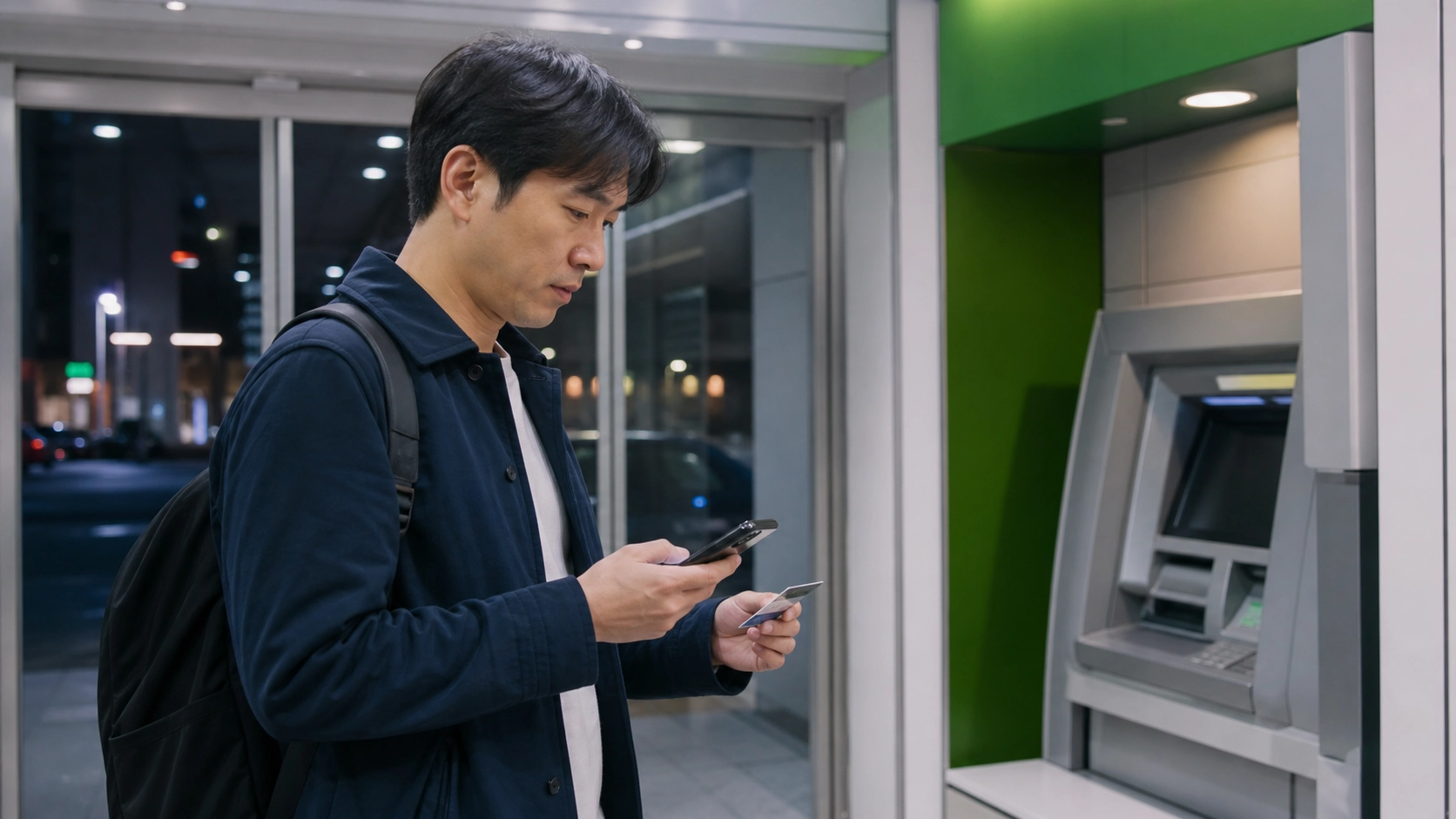 申請人夜間於 ATM 前確認銀行既有額度與預借現金條件